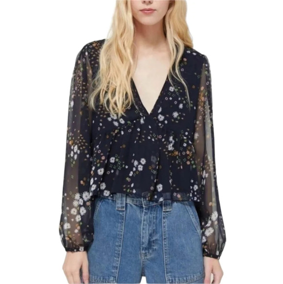 Urban Outfitters Navy Floral Crop Top with Sheer  Sleeves Woman Small Flowy Boho - Picture 1 of 8